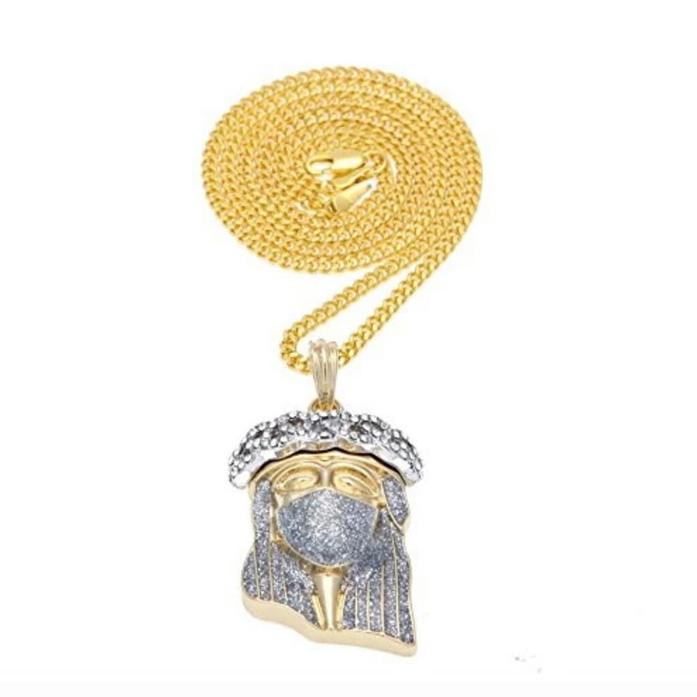 Jesus Face Gold Necklace Diamonds Ski Mask Icy